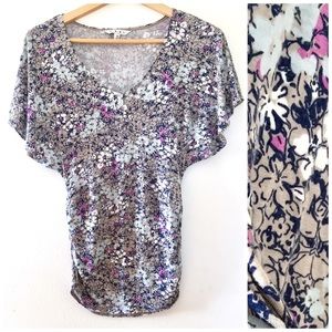 Cabi Floral Stretch Knit Batwing Ruched Top XS